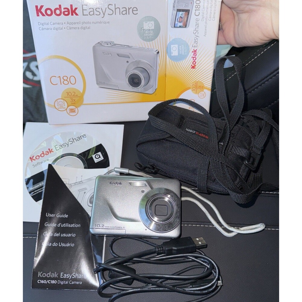 Kodak EasyShare C180 10.2MP Digital Camera Silver Case Cord Manual Tested